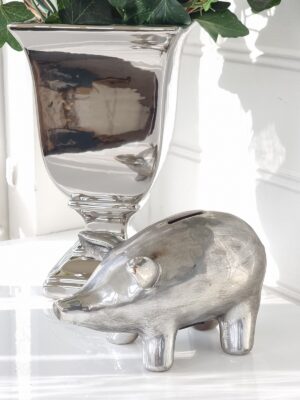 Spargris i silver dekoration. Besök blickfång.se