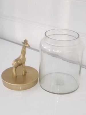 Glasburk med lock i guld med giraff. Besök blickfång.se