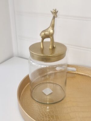 Glasburk med lock i guld med giraff. Besök blickfång.se