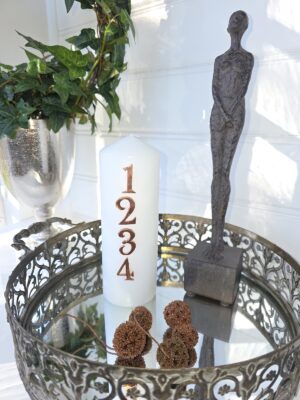 Adventsiffror i koppar sticks till ljus. Besök blickfång.se