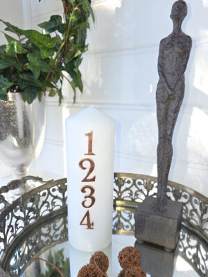 Adventsiffror i koppar sticks till ljus. Besök blickfång.se